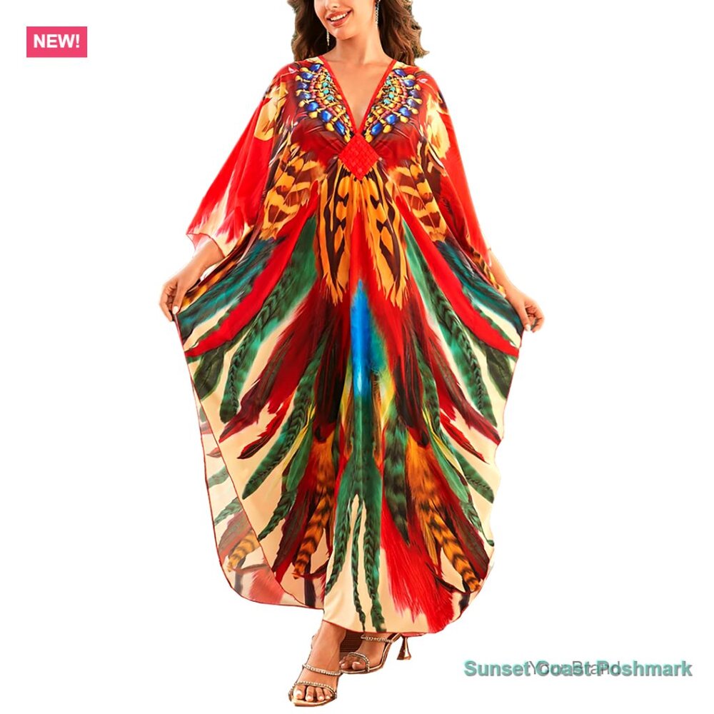 Red Multicolor Abstract Kaftan Dress Plus Size Beach Cover Up Loungewear New
